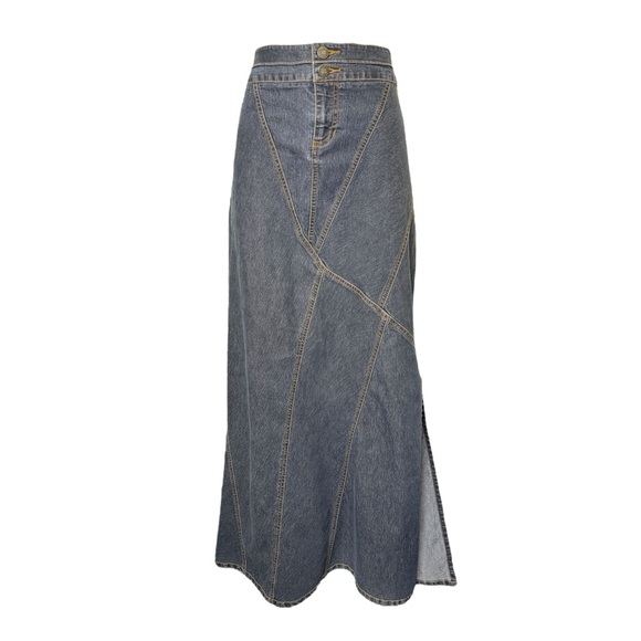 Y2K Bisou Bisou Denim Dark Wash Slit Maxi Skirt Size 10 - Picture 1 of 6